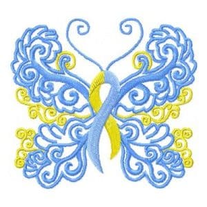Blue and yellow Down syndrome awareness ribbon and butterfly
