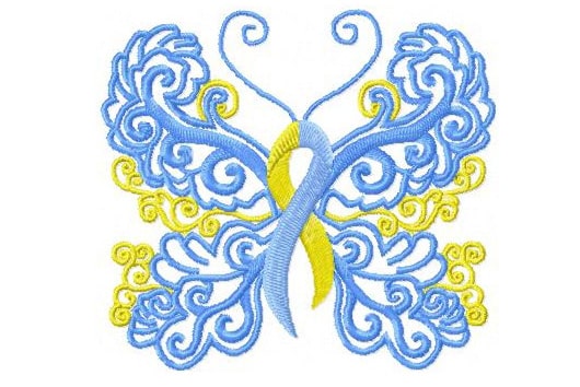 Blue and yellow Down syndrome awareness ribbon and butterfly