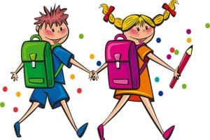 drawing of a boy and girl wearing backpacks on their way to school