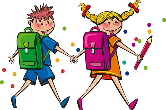 drawing of a boy and girl wearing backpacks on their way to school